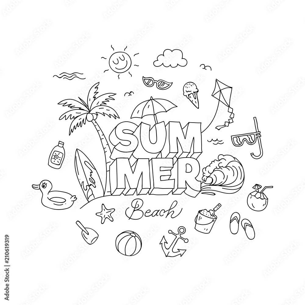 Summer time doodle artwork with beach holiday elements. Hand drawn ...
