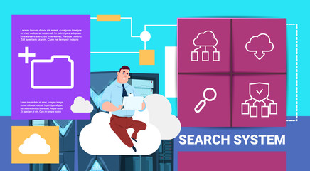 Poster - man with tablet on data storage cloud synchronization center with hosting servers and staff. search system communication support, flat copy space vector illustration