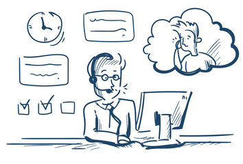 Poster - support center headset agent man client online operator office deck customer and technical service icon, chat concept, white background sketch vector illustration