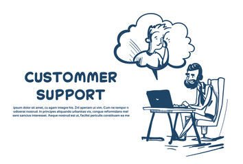 Poster - support center headset agent man client bubble online operator office deck customer and technical se