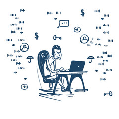 Poster - support center headset agent man client online operator sit at office deck laptop customer and techn