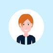 © mast3r - redhair woman face happy lady portrait on blue background, female avatar flat vector illustration