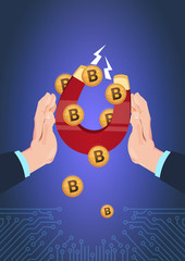 Poster - hand hold magnet bitcoin pulling. computer mining communication support, crypto currency concept fla