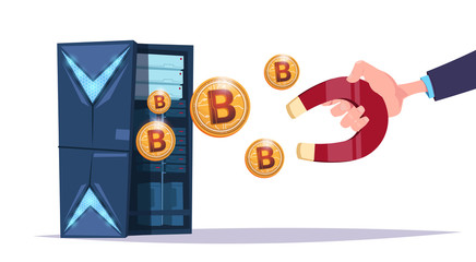Poster - data storage hand hold magnet bitcoin center with hosting servers and staff. computer mining communi