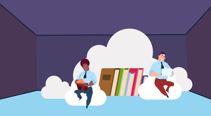 Poster - Data storage synchronization cloud center with books and staff. Computer technology, network and database, internet center, communication support, flat design vector illustration