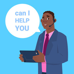 Poster - support center headset agent african man client online operator, customer and technical service icon