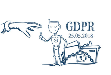 Poster - do not touch hand pointing folder padlock robot General Data Protection Regulation GDPR server security guard over white background hand drawn vector illustration
