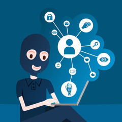 Poster - girl hacker black mask over relation diagram diversity icon on blue background security and protection General Data Protection Regulation GDPR concept flat vector illustration