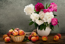 Still Life With A Bouquet Of Peonies And Peaches