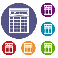 Poster - Electronic calculator icons set in flat circle red, blue and green color for web