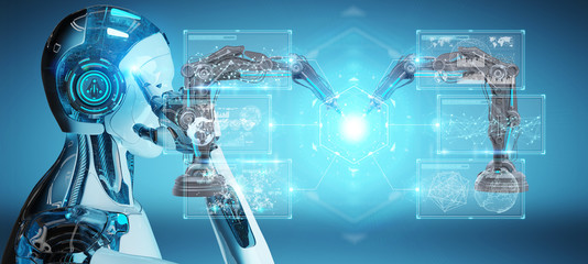 Poster - white man robot using robotics arms with digital screen 3d rendering