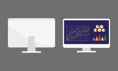 Wall Mural - Computer monitor icon in flat style with graph, diagram and charts. PC desktop display. Vector illustration.