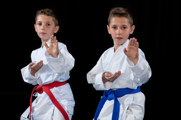 two boys training karate kata exercises at test qualification