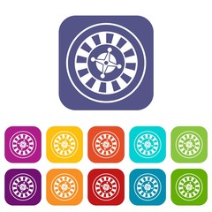 Poster - Casino gambling roulette icons set vector illustration in flat style in colors red, blue, green, and other