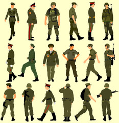 Large collection of different soldiers vector illustration isolated on white background. Saluting army soldier's silhouette vector. (Memorial, Veteran's day). army and military concept.