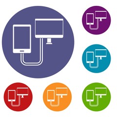 Poster - Connection phone icons set in flat circle red, blue and green color for web