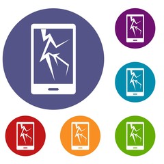 Poster - Cracked phone icons set in flat circle red, blue and green color for web