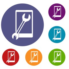 Poster - Repaired phone icons set in flat circle red, blue and green color for web