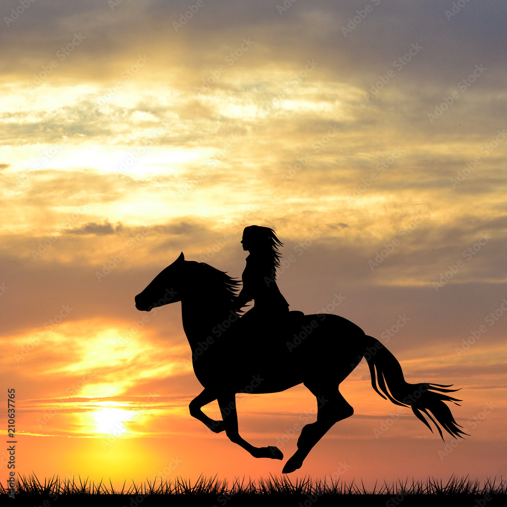 Black silhouette of a woman riding a horse at sunrise Stock Illustration |  Adobe Stock, image size:1000x1000
