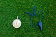 Silver chronometer on green grass