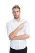 Check it out. Man well groomed white collar shirt isolated white background pointing index finger. Advertisement concept. Macho confidently pointing direction. Guy office worker shows direction