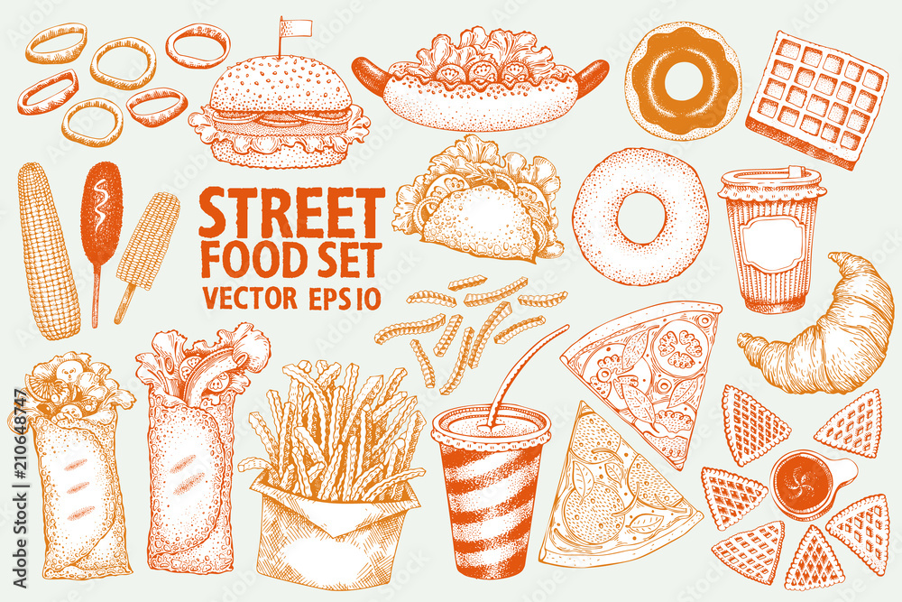 Fast food vector illustration set. Hand drawn street food. Can be use ...