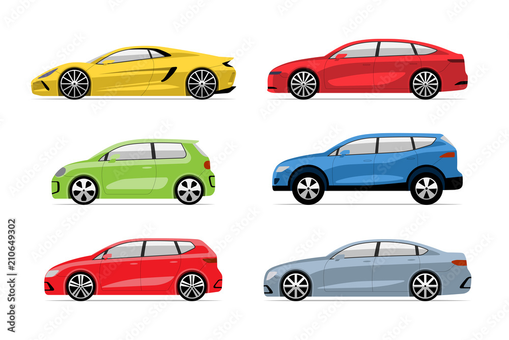 Set of modern cars in flat style. Side view of hatchback, sedan ...