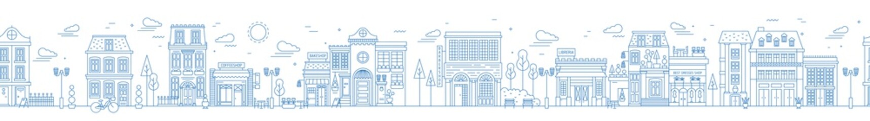Fototapete - Monochrome seamless urban landscape with city street or district. Cityscape with residential houses and shops drawn with contour lines on white background. Vector illustration in lineart style.