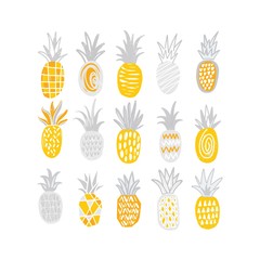 Poster - Collection of hand drawn pineapples of different texture isolated on white background. Bundle of exotic tropical fresh juicy fruits in yellow and grey colors. Vector illustration in cartoon style.