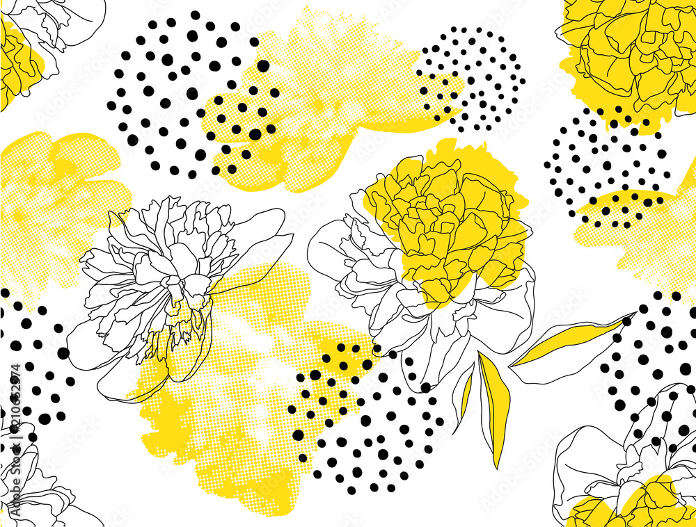 Seamless vector pattern with yellow peonies and geometric shapes on a white background. Trendy floral pattern in a halftone style. - obrazy, fototapety, plakaty 