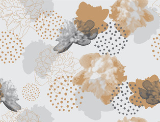 Modern floral pattern in a halftone style. Seamless vector ornament with flowers and geometric shapes. Peonies on a gray background