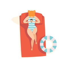 Poster - Beautiful young woman sunbathing on the beach, top view of lying girl vector Illustration on a white background