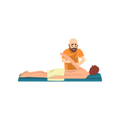 Sticker - Man on massage session, male therapist doing massage, rehabilitation care and physiotherapy treatments vector Illustration