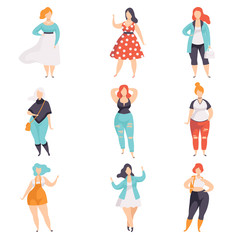 Wall Mural - Beautiful plus size women in fashionable clothes set, curvy, overweigh girl, body positive vector Illustrations on a white background