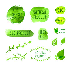 Wall Mural - Vector Eco Icons, Watercolor Design Elements, Green Logo Set isolated on White Background, Natural Bio Product.
