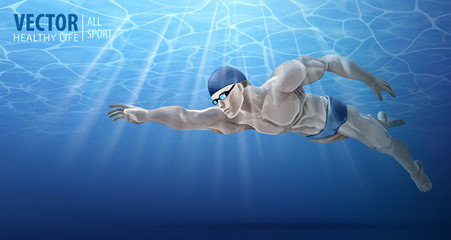 Professional male swimmer inside swimming pool. A man dives into the water. Summer background. Texture of water surface. Diving. Underwater. Vector illustration