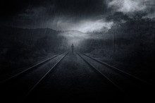 Mysterious Fantasy Scene With Ghostly Shadow On Railroad Tracks