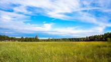 An Undeveloped Field And A Sunny Sky With Clouds. Rural Landscape.