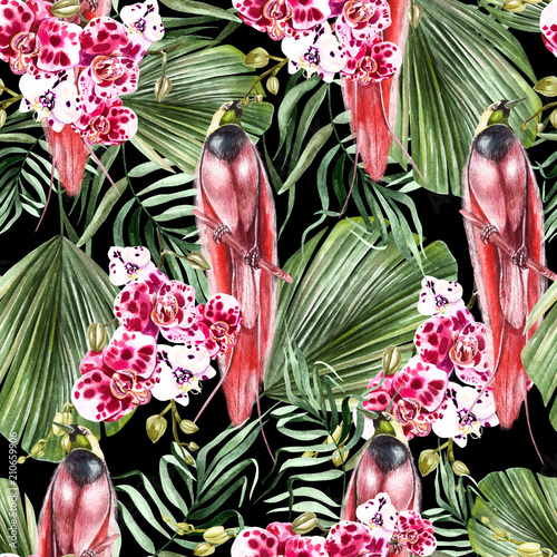 Beautiful watercolor seamless, tropical jungle floral pattern background with...