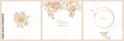Cuadros en Lienzo Vintage greeting card with birds and flowers set.