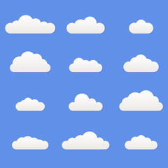 Sticker - clouds icon set. different cloud shapes isolated on the blue sky background. vector illustration.