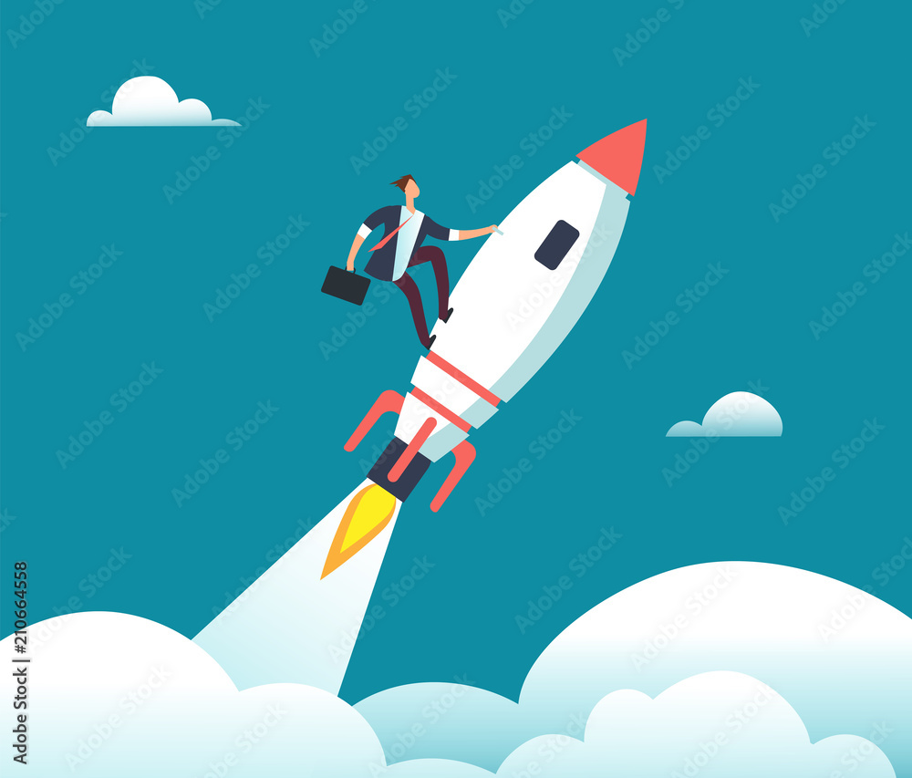 Successful happy businessman flying on rocket to goal. Leadership, start-up, growth and opportunity vector business cartoon concept - obrazy, fototapety, plakaty 
