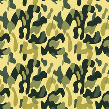 Camouflage Pattern Background Seamless Vector Illustration. Classic Military Clothing Style. Camo Repeat Texture Shirt Print. Khaki Yellow Black Olive Colors Forest Texture