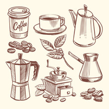 Hand Drawn Coffee Cup, Beans, Leaves, Coffeepot And Coffee Grinder Vector Illustration