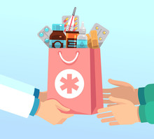 Pharmacist Gives Bag With Antibiotic Drugs According To Recipe To Hands Of Patient. Pharmacy Vector Concept