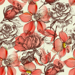 Poster - Red roses seamless pattern retro style