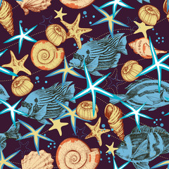 Aufkleber - Sea life seamless pattern. Underwater background, fish and seashells print