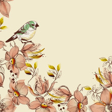 Floral Background And Cute Bird Design