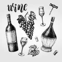 Wine concept set. Bottles, glasses, cork, grape bunch, corkscrew. Ink hand drawn Vector illustration with brush calligraphy style lettering. Drink element for menu design.