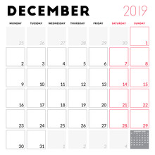 Calendar Planner For December 2019. Week Starts On Monday. Printable Vector Stationery Design Template